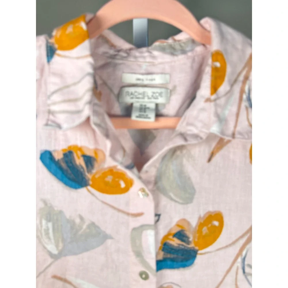 Rachel Zoe Linen Floral Shirt Dress Pink Button Front Coastal Chic Art Teacher M - Picture 3 of 10